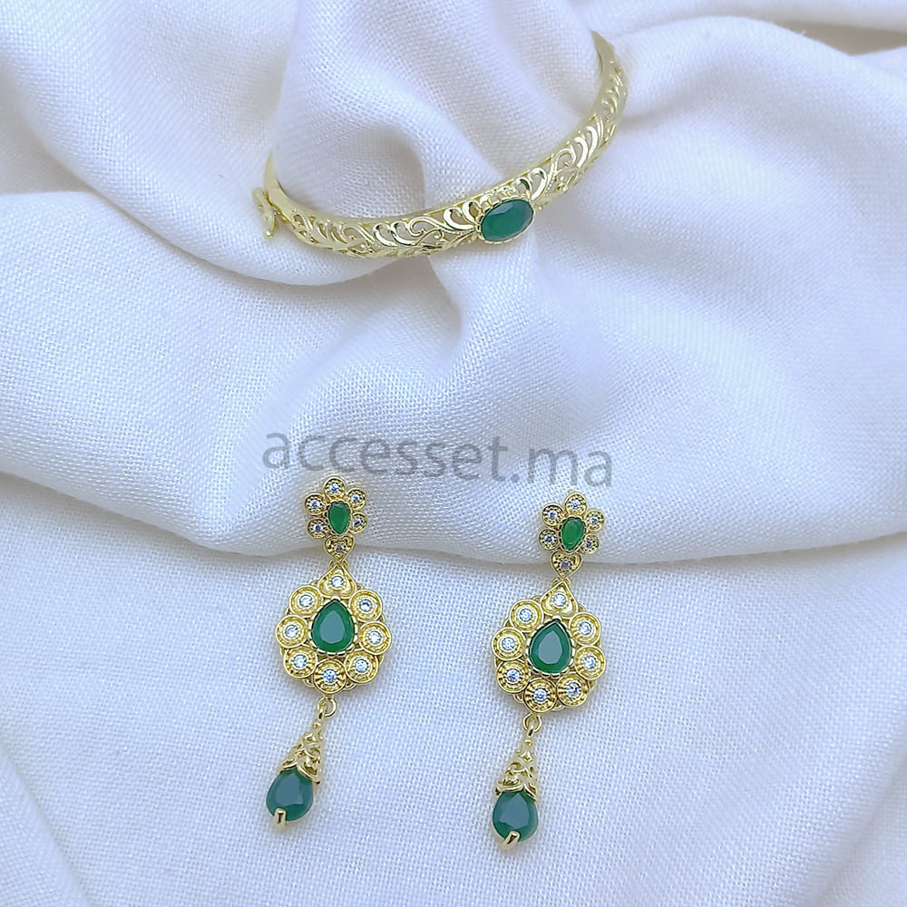 Ensemble Bracelet et boucles beldi pierre verte